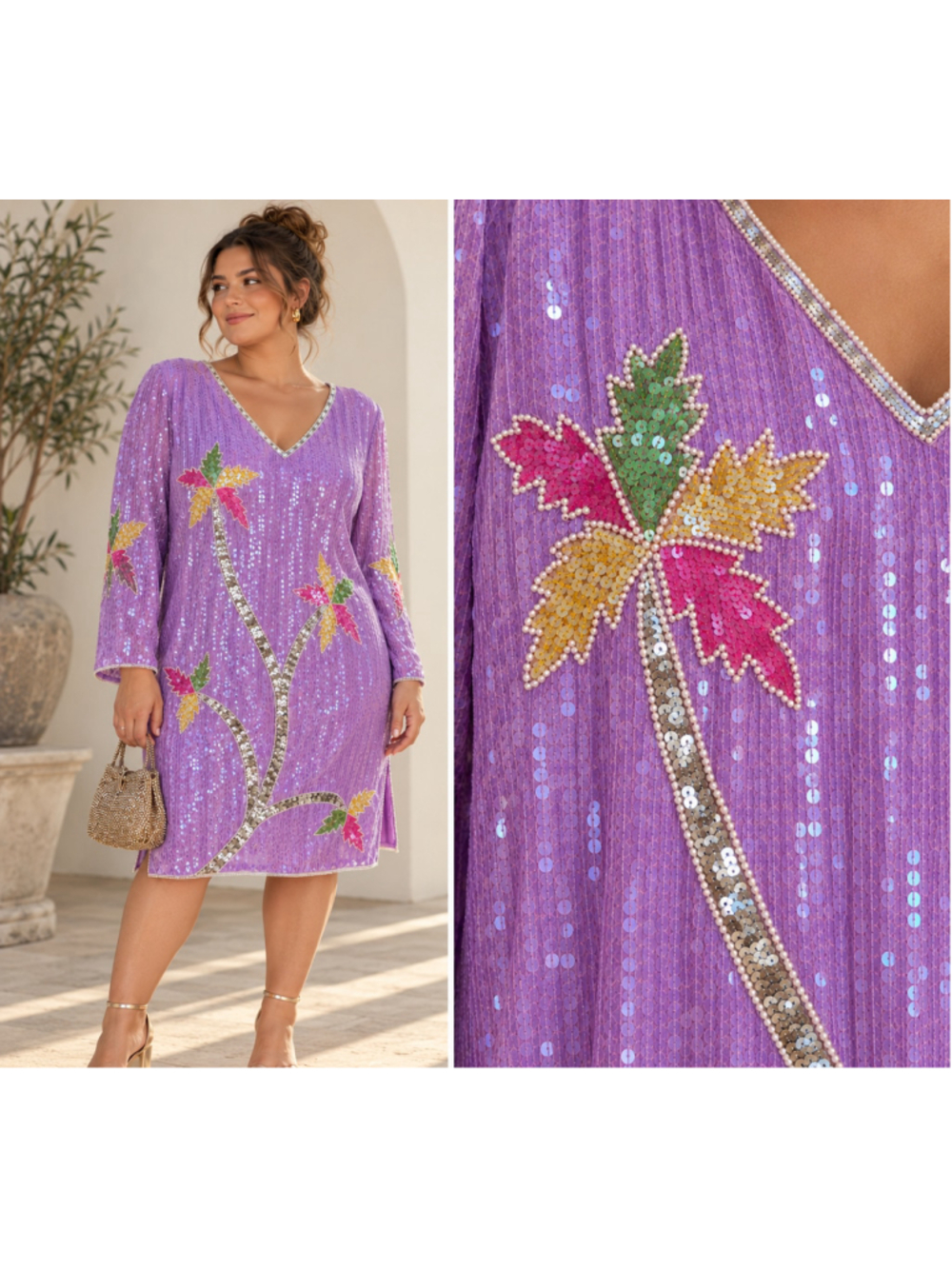 Vintage 1980s Lavender Sequin Beaded Botanical Dress L XL